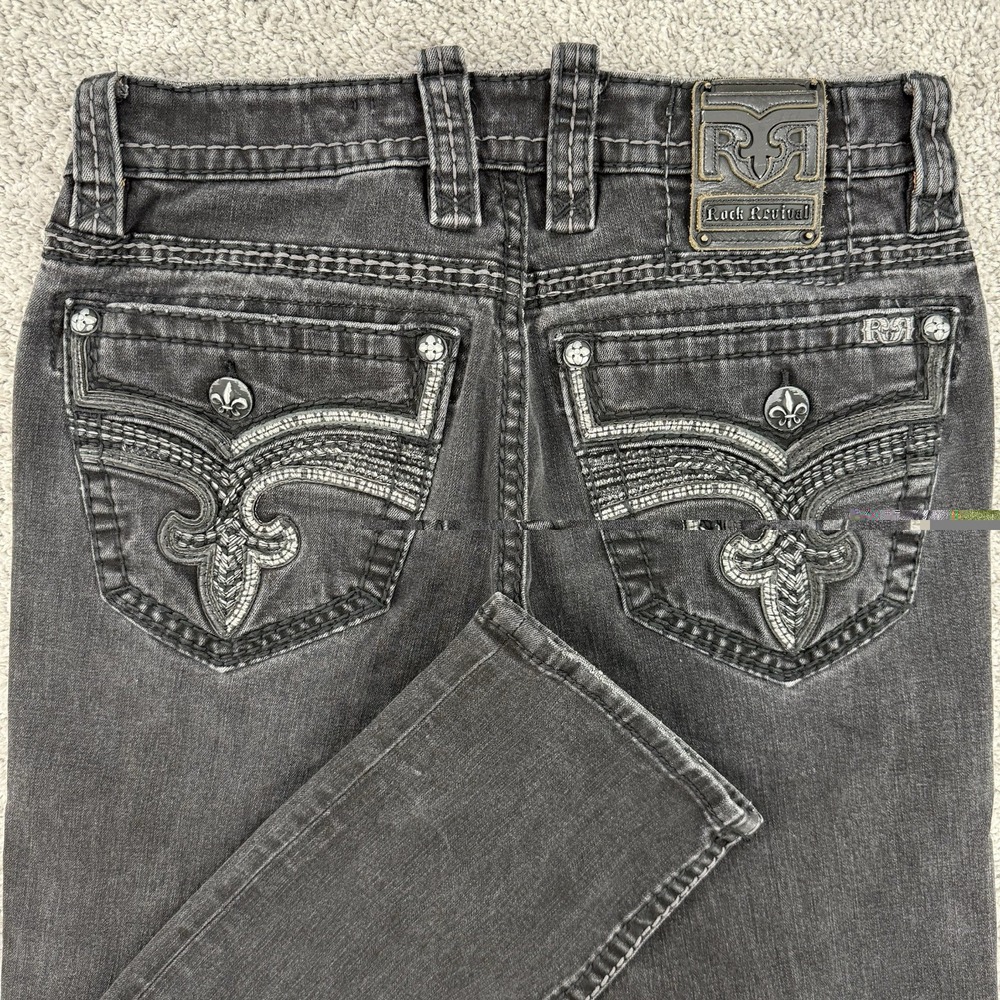 Rock Revival Jeans Men's 32 Black Brayen Straight Distressed Embroidery Grunge
